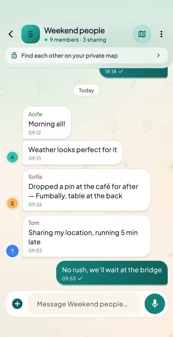 A group chat, with the shortcut to the group’s private map at the top.