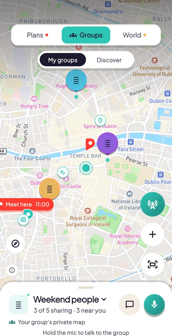 A group’s private map, with the group’s spots and the members sharing their location.