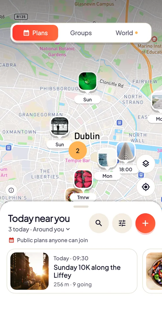 The Map tab in Plans mode: plans on the map and “Today near you” at the bottom.