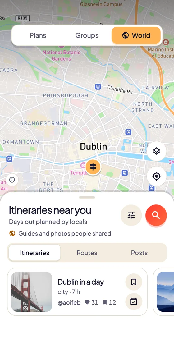 The Map tab in World mode, with itineraries near you.